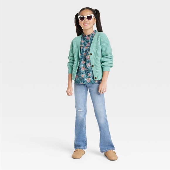 NWT Button-Front Cardigan Sweater in Ocean Green with Silver Metallic Thread - Picture 2 of 4